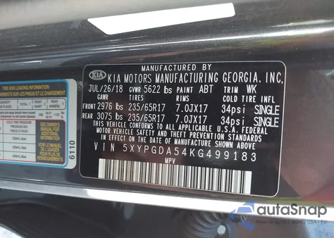 2019 Kia Sorento 3.3L Lx z USA, uszkodzony, nr VIN 5XYPGDA54KG499183